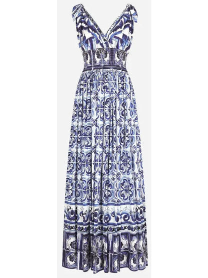 Majolica-Print Long Poplin Dress - Branna Couture