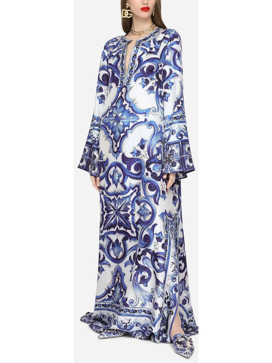 Majolica Print Long Twill Kaftan, Blue - Branna Couture