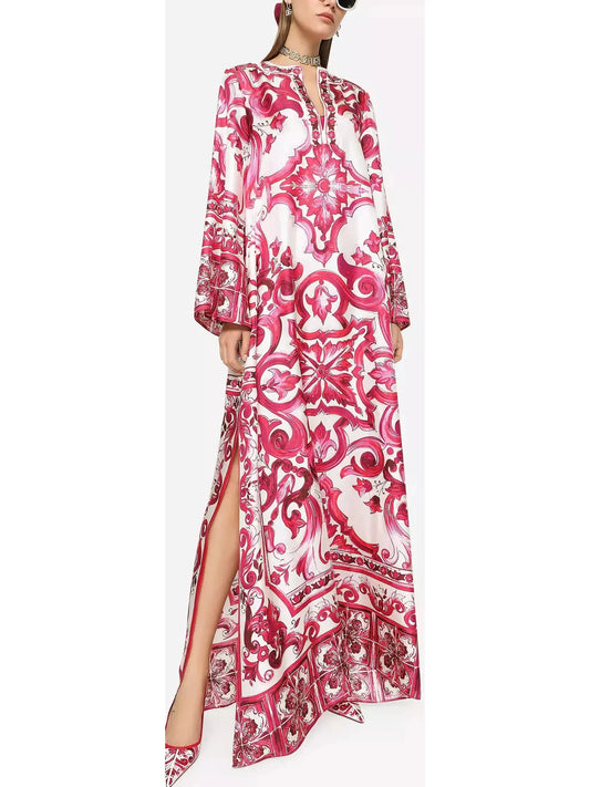 Majolica Print Long Twill Kaftan, Red - Branna Couture