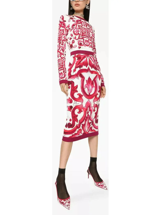 Majolica Print Pencil Midi Dress - Branna Couture