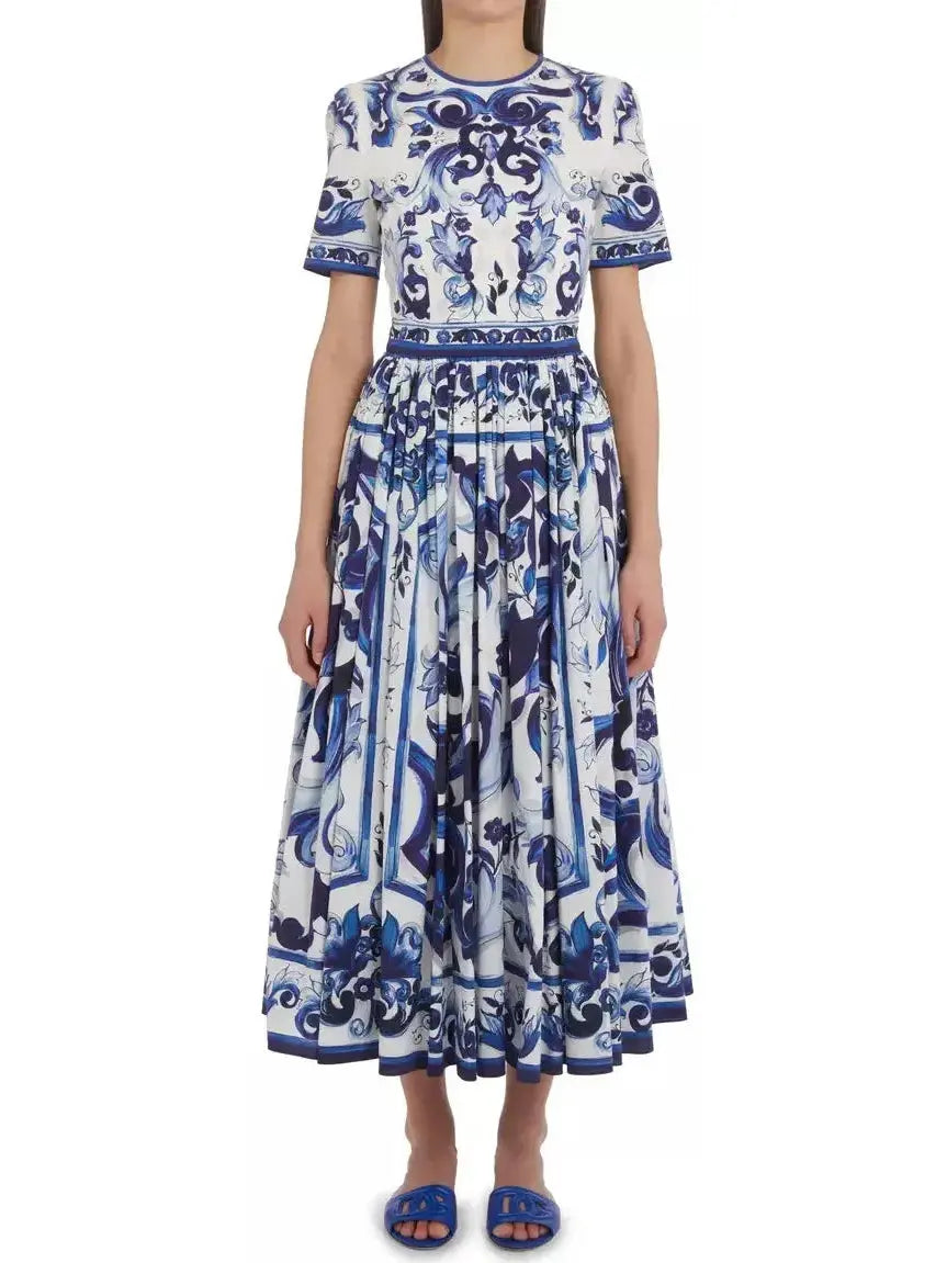 Majolica-Print Poplin Calf-Length Dress - Branna Couture