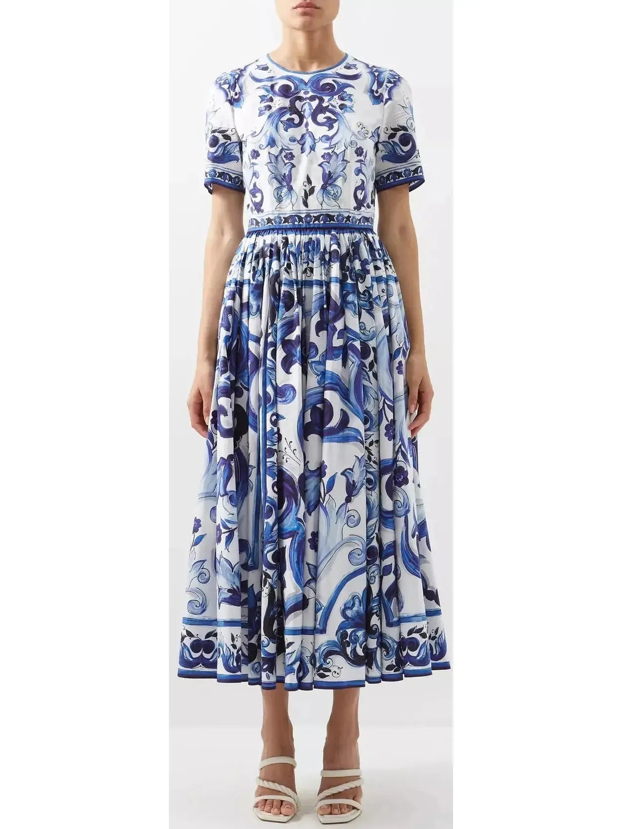 Majolica-Print Poplin Calf-Length Dress - Branna Couture