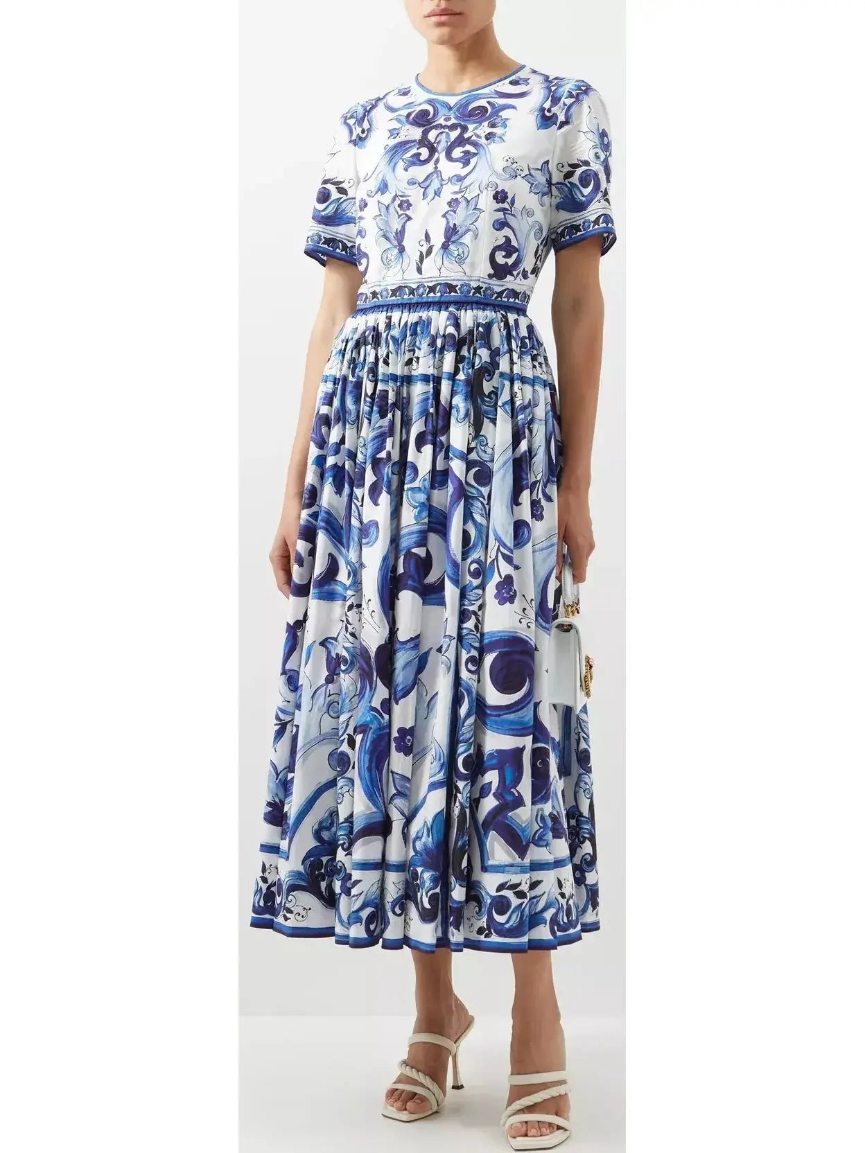 Majolica-Print Poplin Calf-Length Dress - Branna Couture