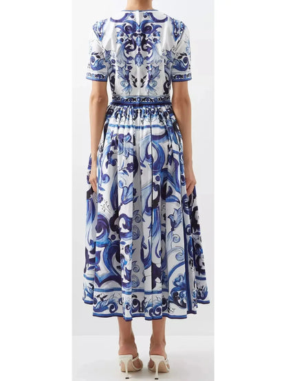 Majolica-Print Poplin Calf-Length Dress - Branna Couture