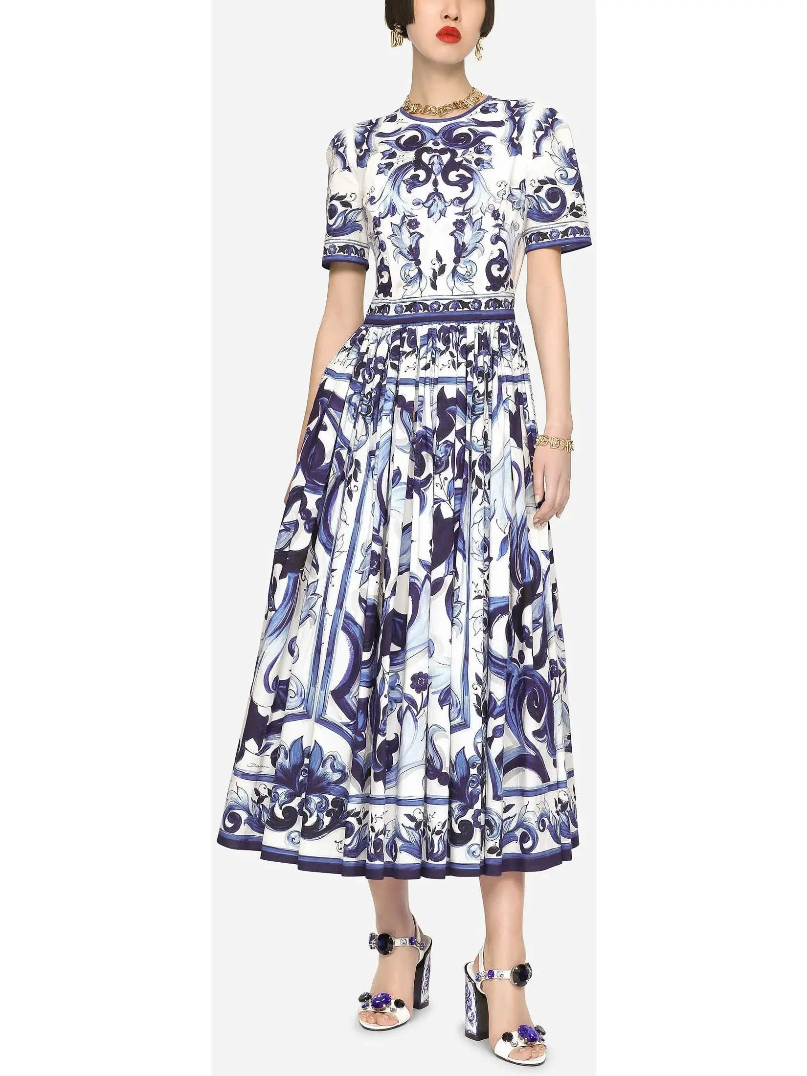 Majolica-Print Poplin Calf-Length Dress - Branna Couture