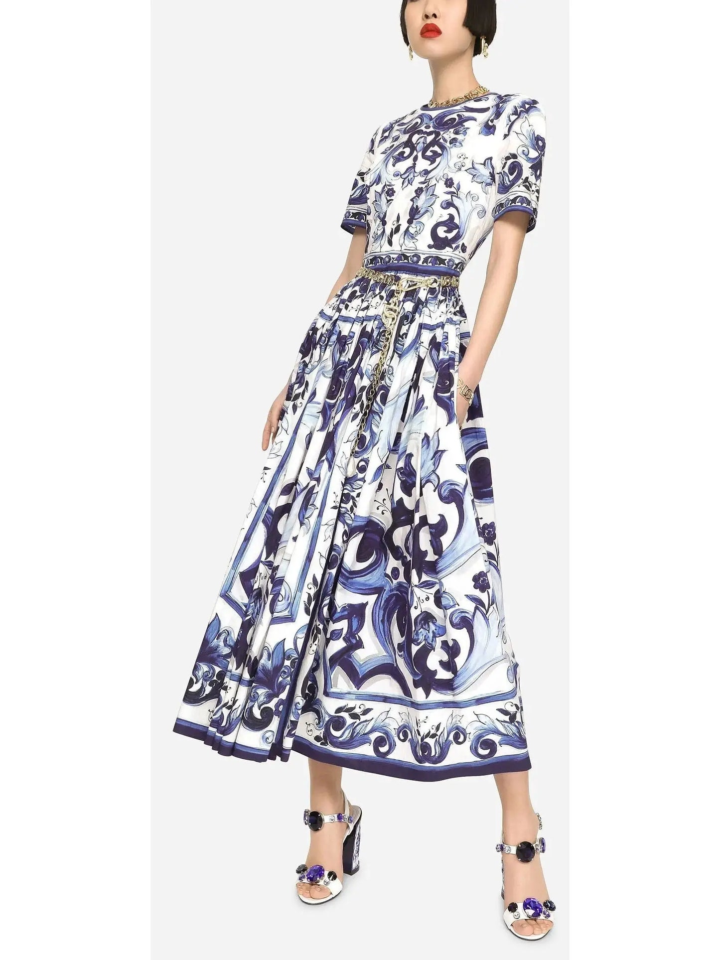 Majolica-Print Poplin Calf-Length Dress - Branna Couture