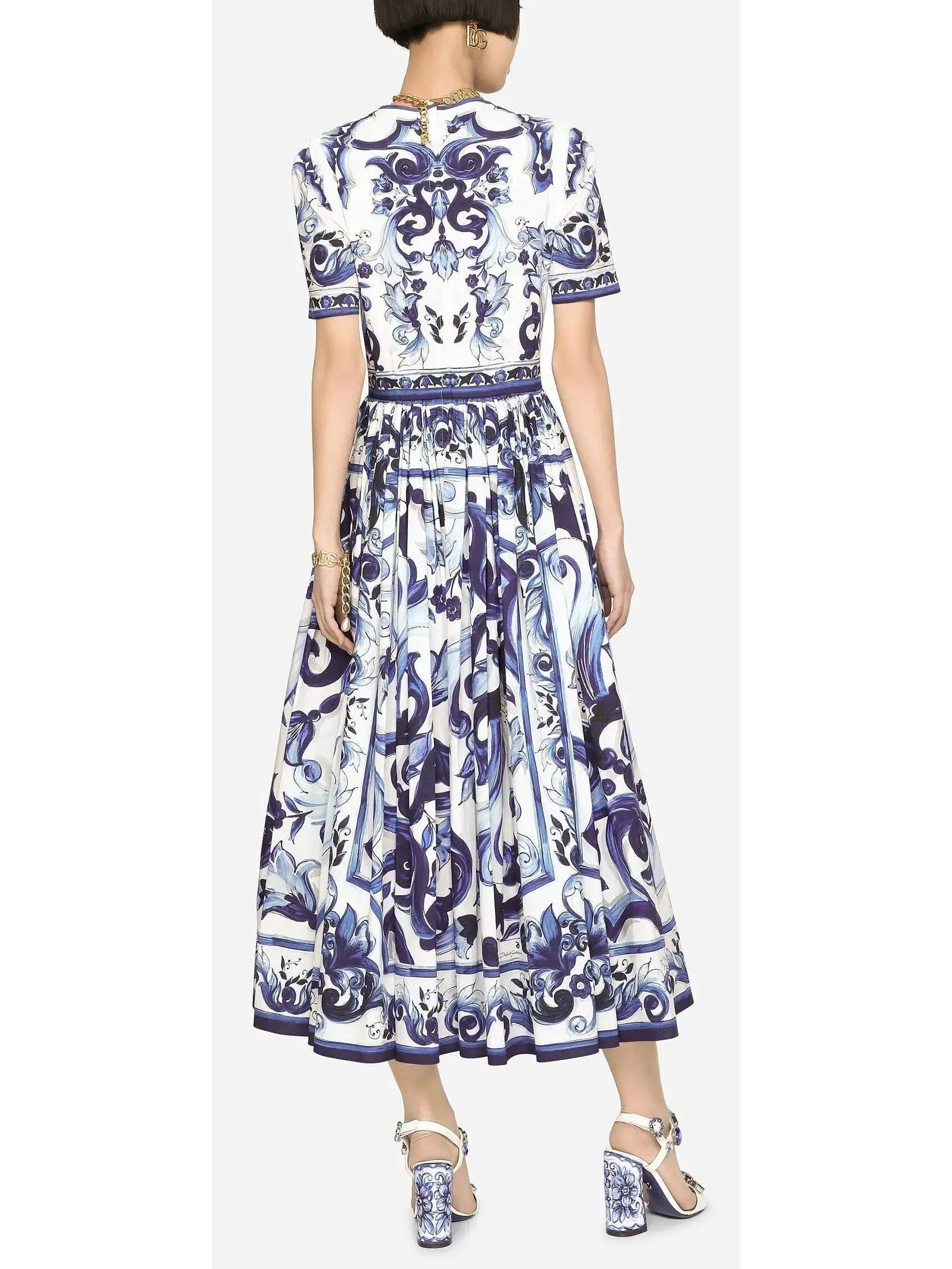 Majolica-Print Poplin Calf-Length Dress - Branna Couture