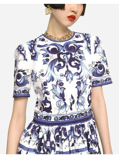 Majolica-Print Poplin Calf-Length Dress - Branna Couture