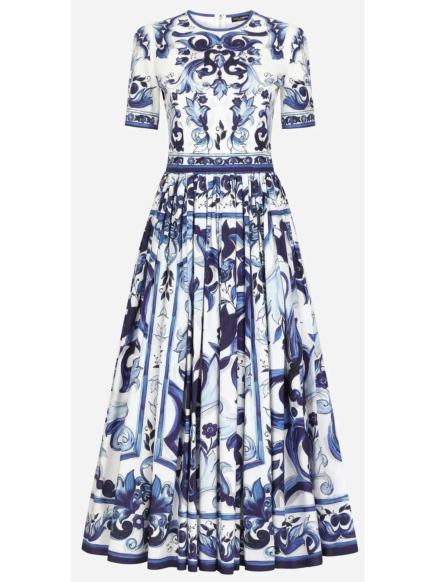 Majolica-Print Poplin Calf-Length Dress - Branna Couture