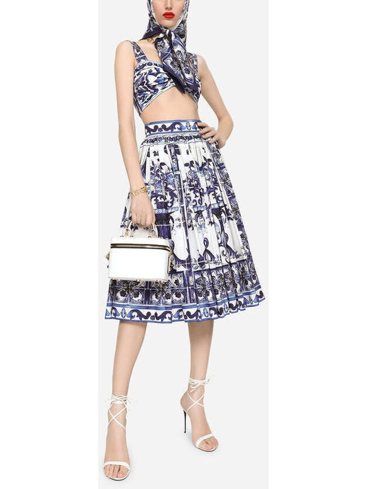 Majolica-Print Poplin Midi Skirt - Branna Couture