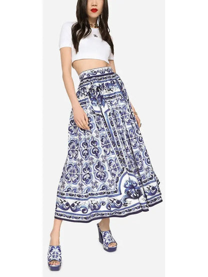 Majolica-Print Poplin Skirt - Branna Couture