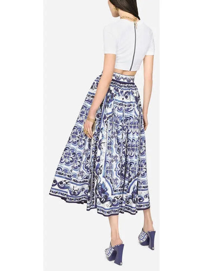 Majolica-Print Poplin Skirt - Branna Couture