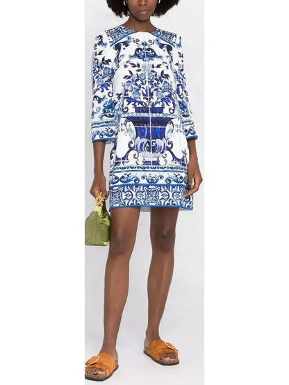 Majolica-Print Shift Dress - Branna Couture