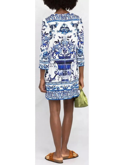 Majolica-Print Shift Dress - Branna Couture