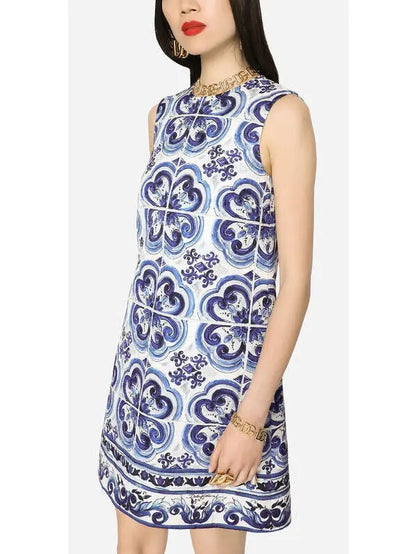 Majolica-Print Short Brocade Dress - Branna Couture