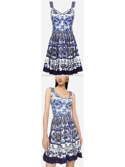 Majolica Print Short Charmeuse Bustier Dress, Blue - Branna Couture