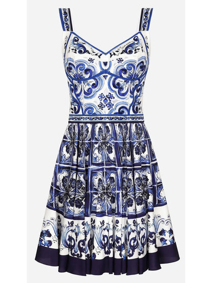 Majolica Print Short Charmeuse Bustier Dress, Blue - Branna Couture