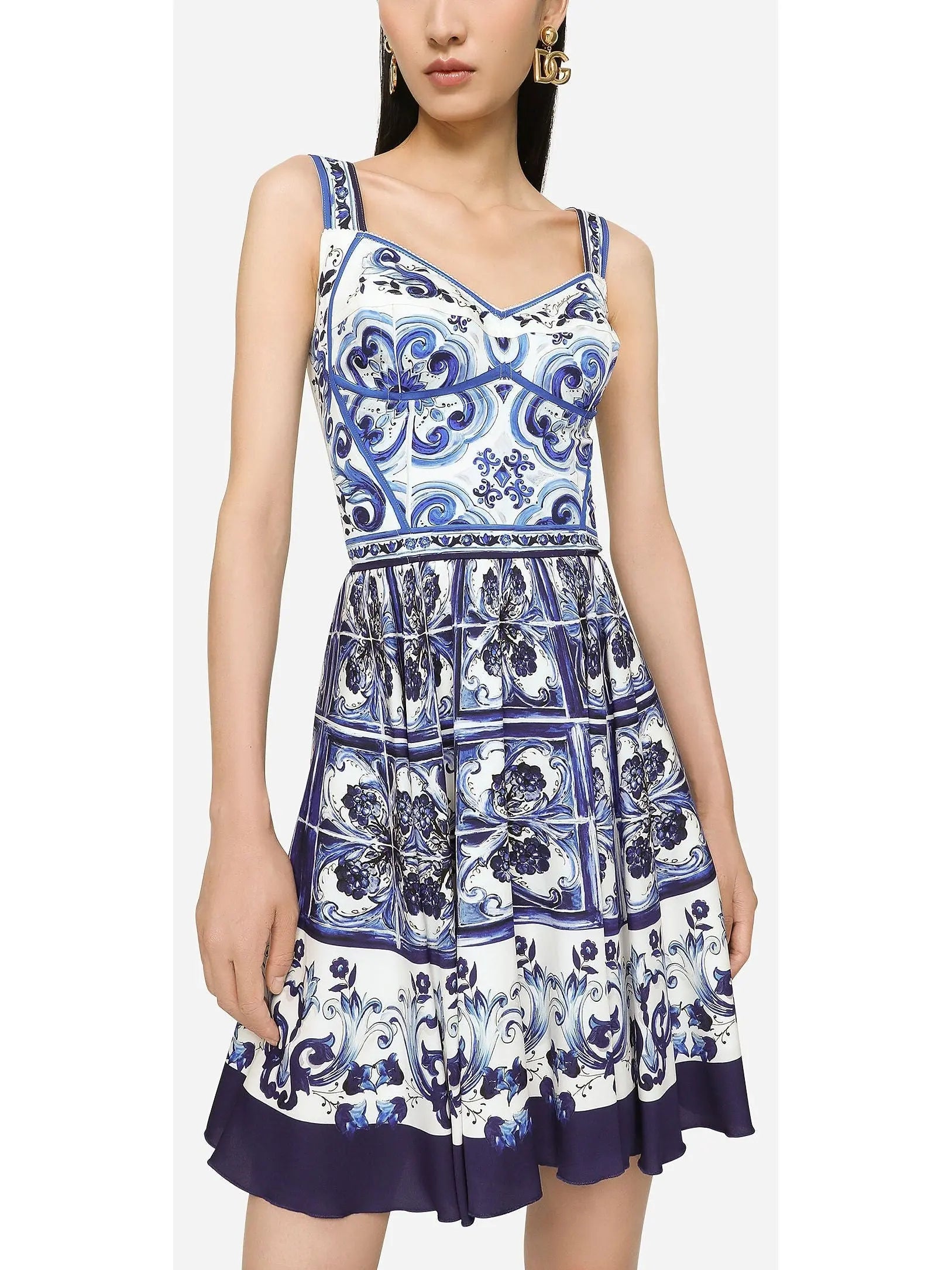 Majolica Print Short Charmeuse Bustier Dress, Blue - Branna Couture