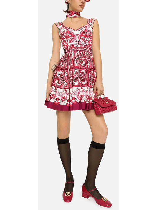 Majolica Print Short Charmeuse Bustier Dress, Red - Branna Couture