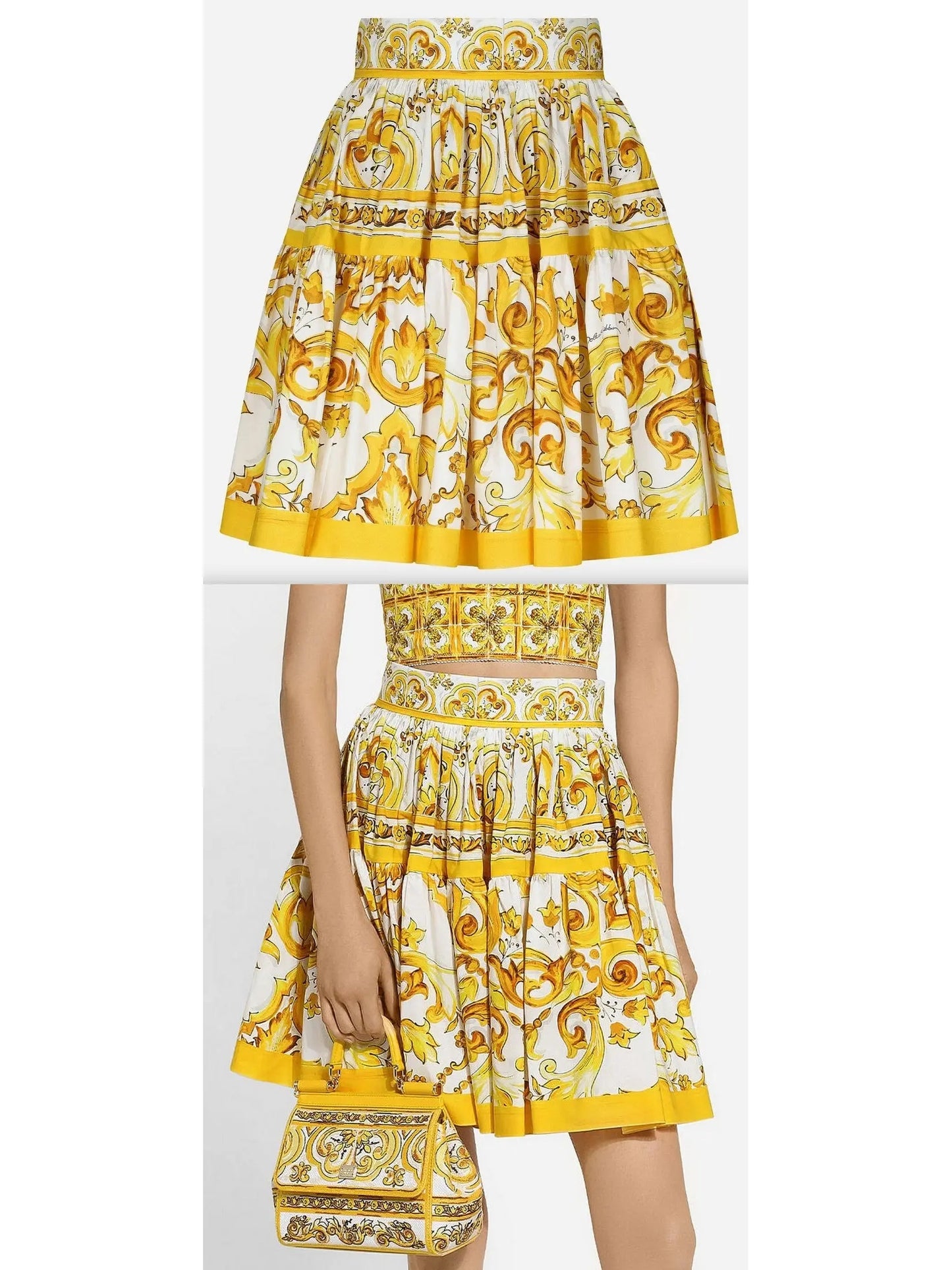 Majolica Print Short Cotton Circle Skirt in Yellow and White - Branna Couture