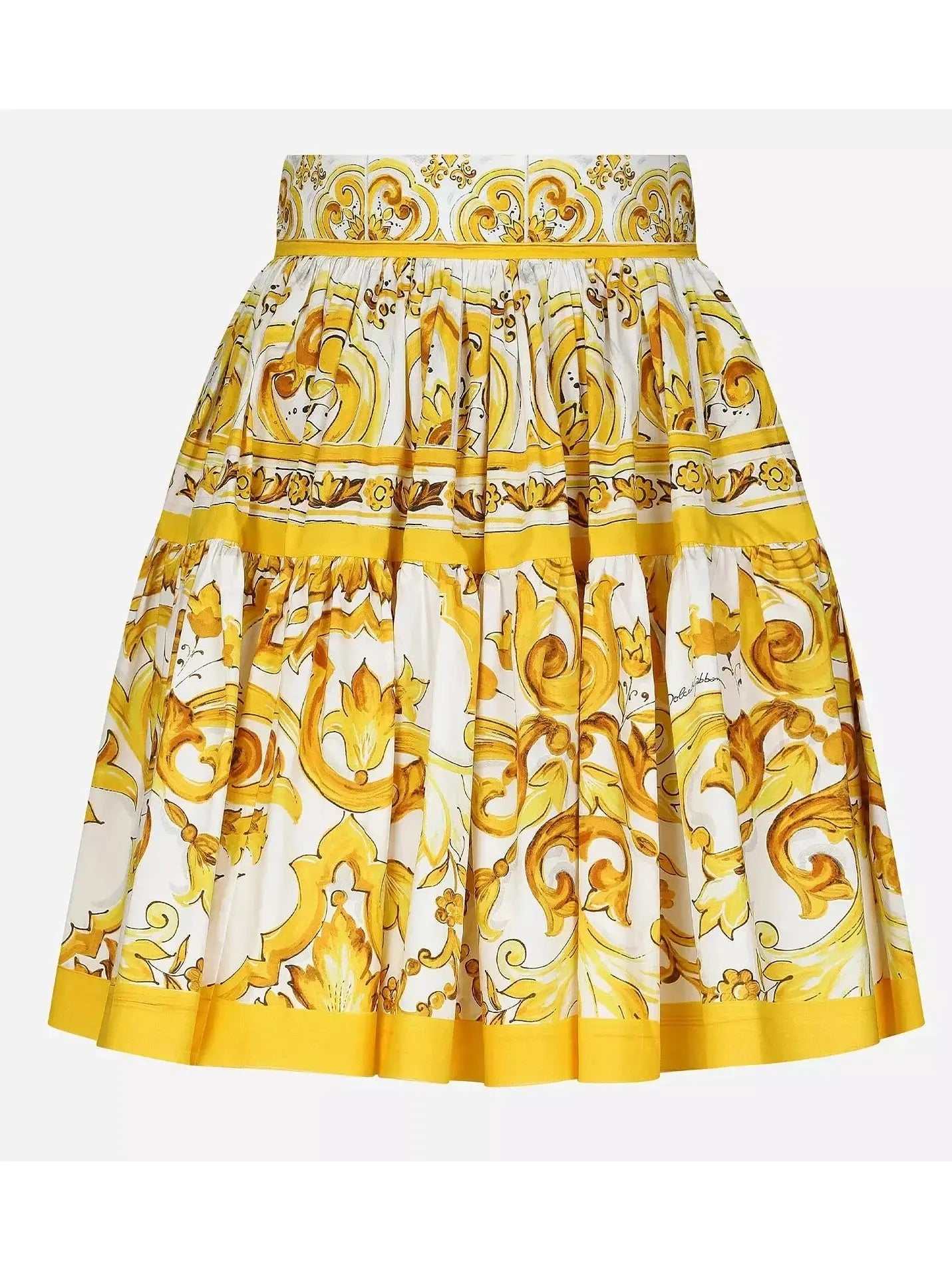 Majolica Print Short Cotton Circle Skirt in Yellow and White - Branna Couture