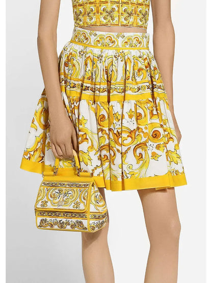 Majolica Print Short Cotton Circle Skirt in Yellow and White - Branna Couture