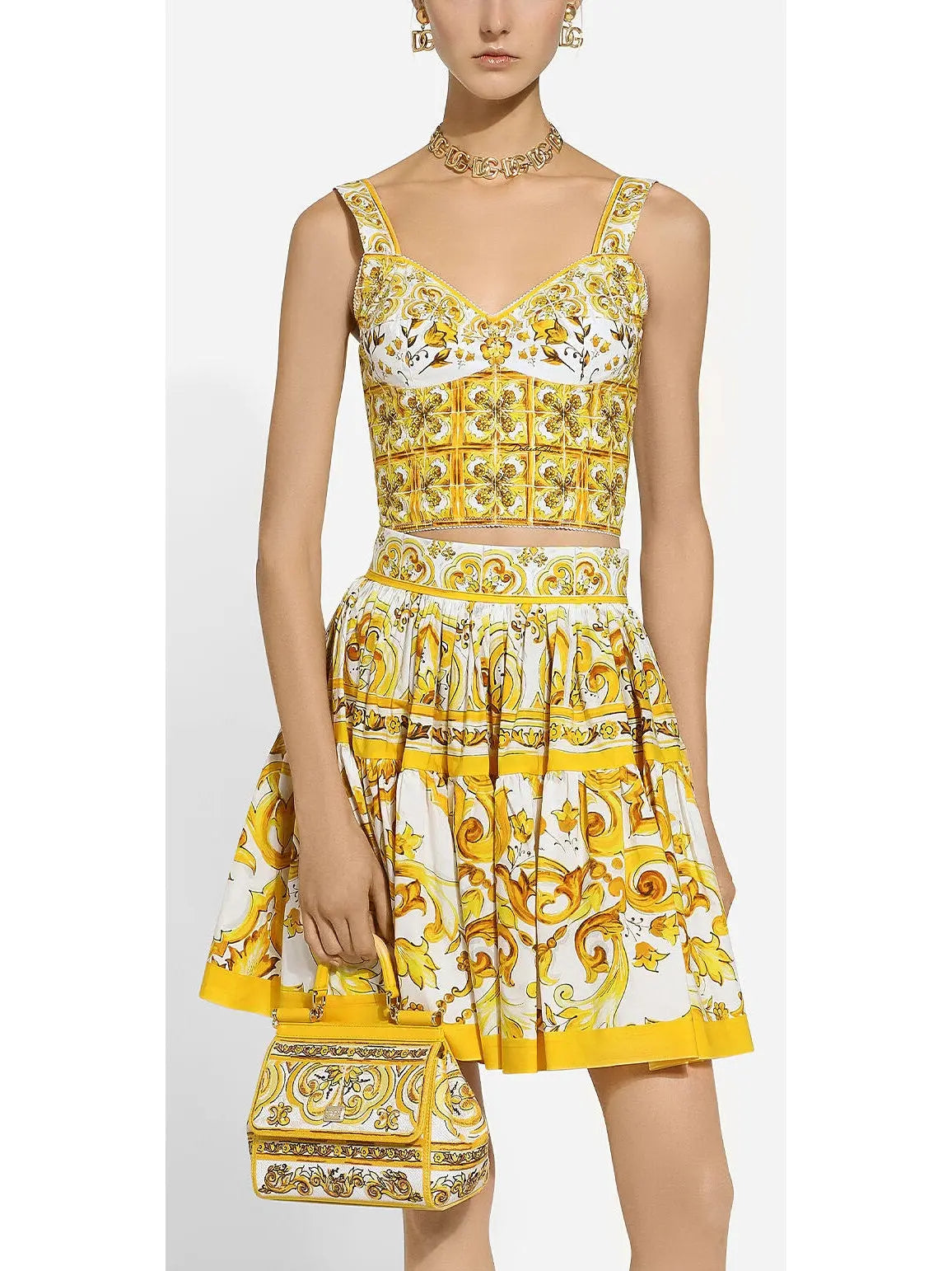 Majolica Print Short Cotton Circle Skirt in Yellow and White - Branna Couture