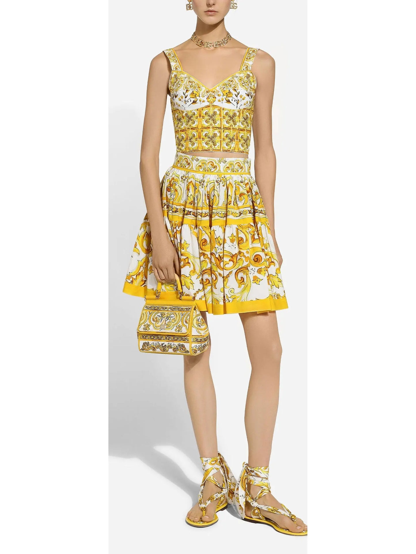 Majolica Print Short Cotton Circle Skirt in Yellow and White - Branna Couture