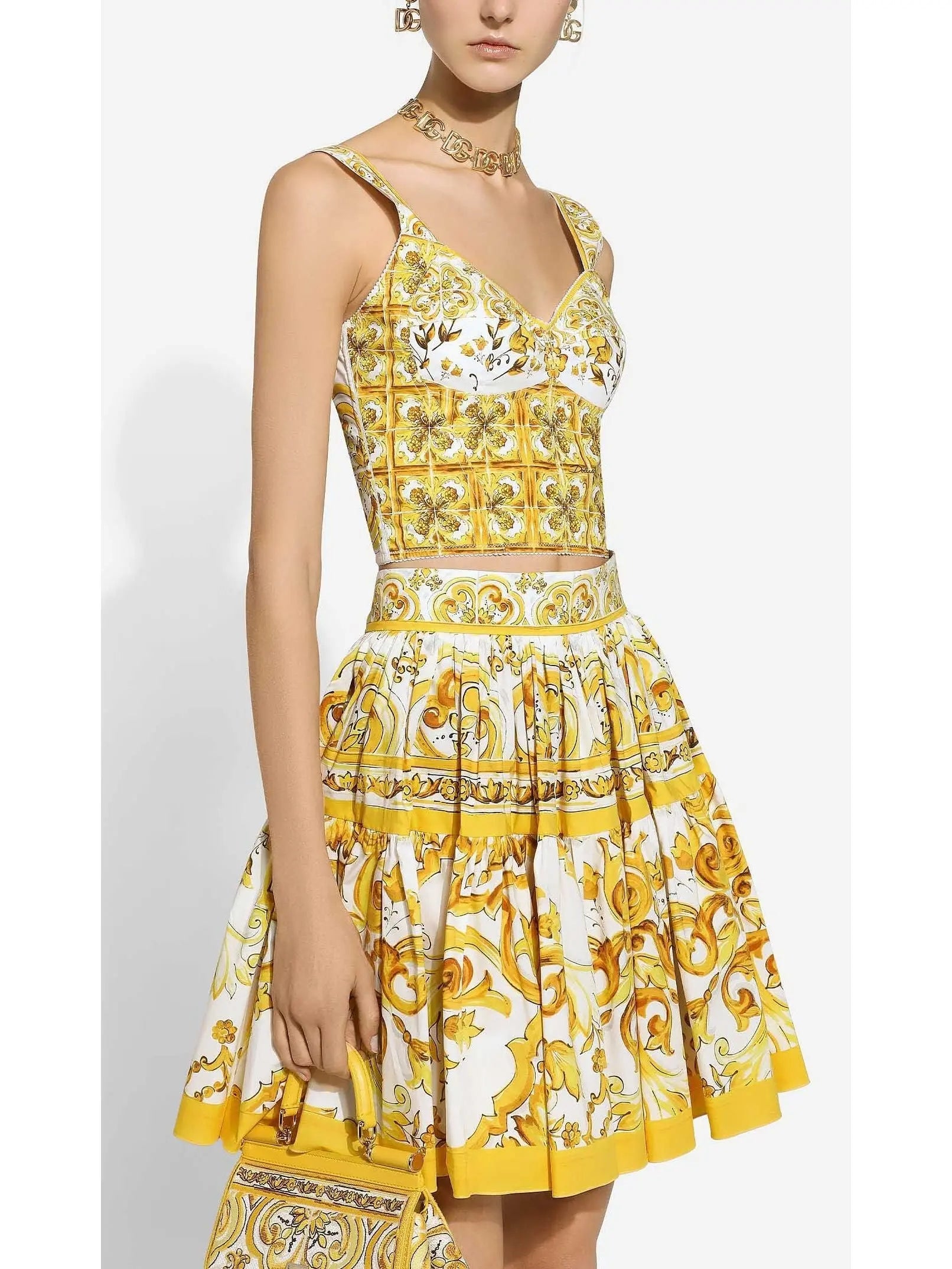 Majolica Print Short Cotton Circle Skirt in Yellow and White - Branna Couture