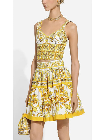 Majolica Print Short Cotton Circle Skirt in Yellow and White - Branna Couture