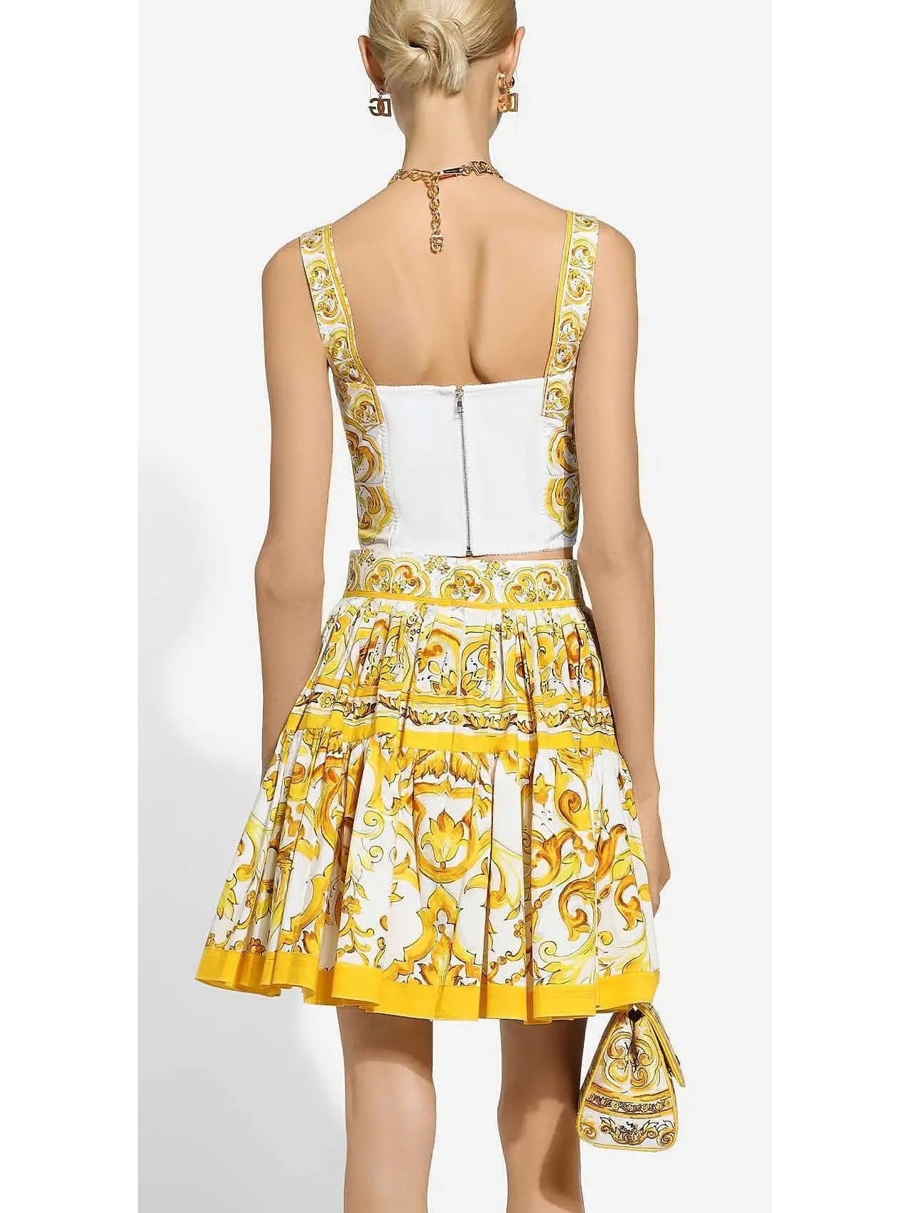 Majolica Print Short Cotton Circle Skirt in Yellow and White - Branna Couture