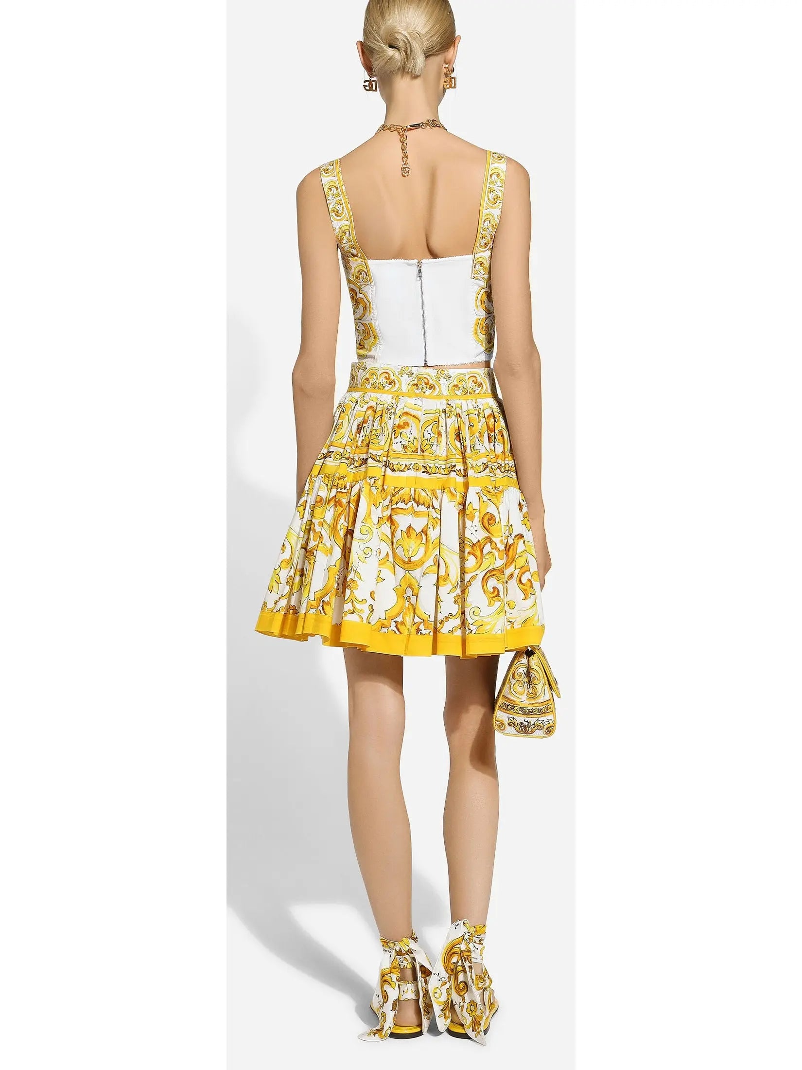 Majolica Print Short Cotton Circle Skirt in Yellow and White - Branna Couture