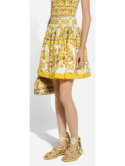 Majolica Print Short Cotton Circle Skirt in Yellow and White - Branna Couture