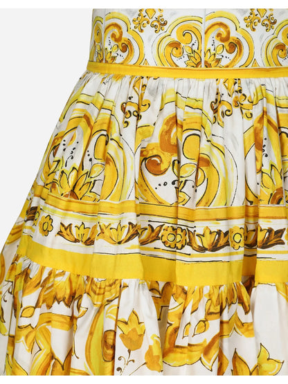 Majolica Print Short Cotton Circle Skirt in Yellow and White - Branna Couture