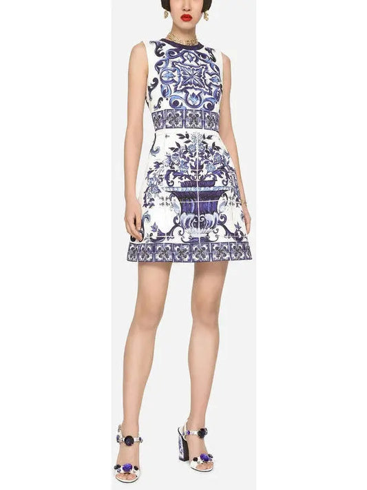 Majolica-Print Short Jacquard Brocade Dress - Branna Couture