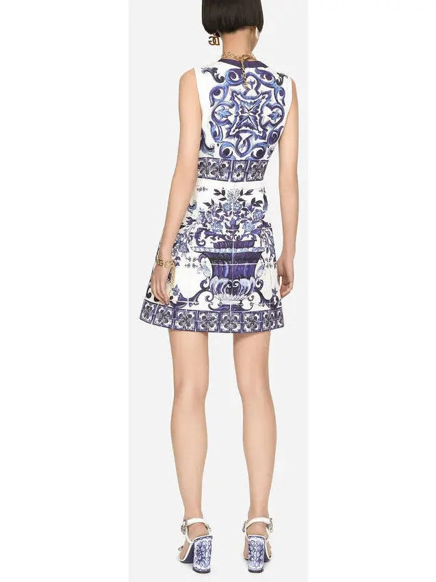 Majolica-Print Short Jacquard Brocade Dress - Branna Couture