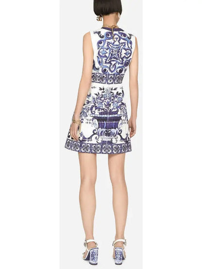 Majolica-Print Short Jacquard Brocade Dress - Branna Couture