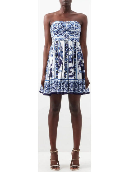 Majolica-Print Short Poplin Dress - Branna Couture