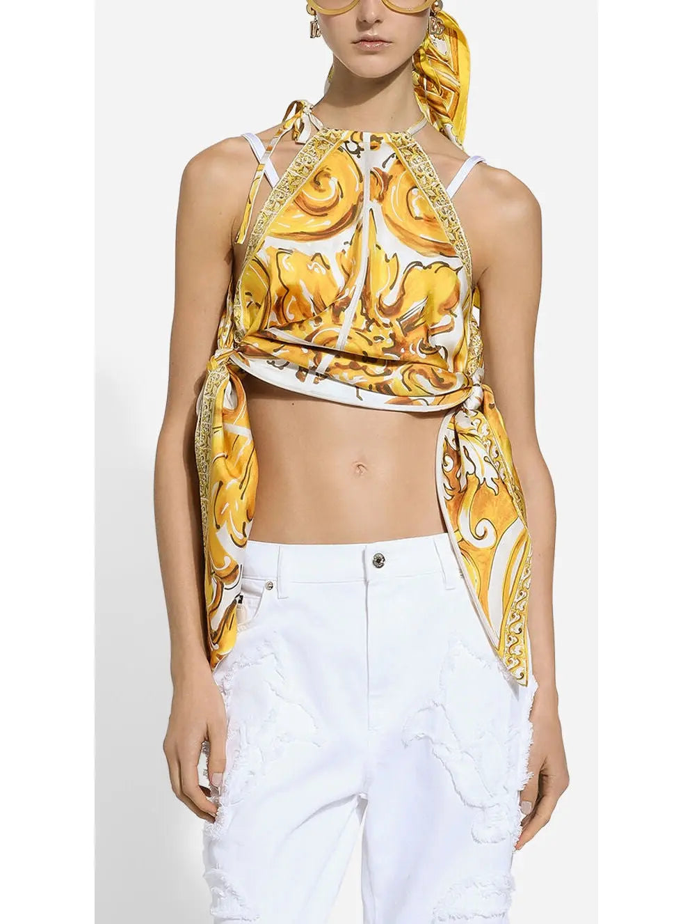 Majolica Print Silk Twill Halterneck Top - Branna Couture