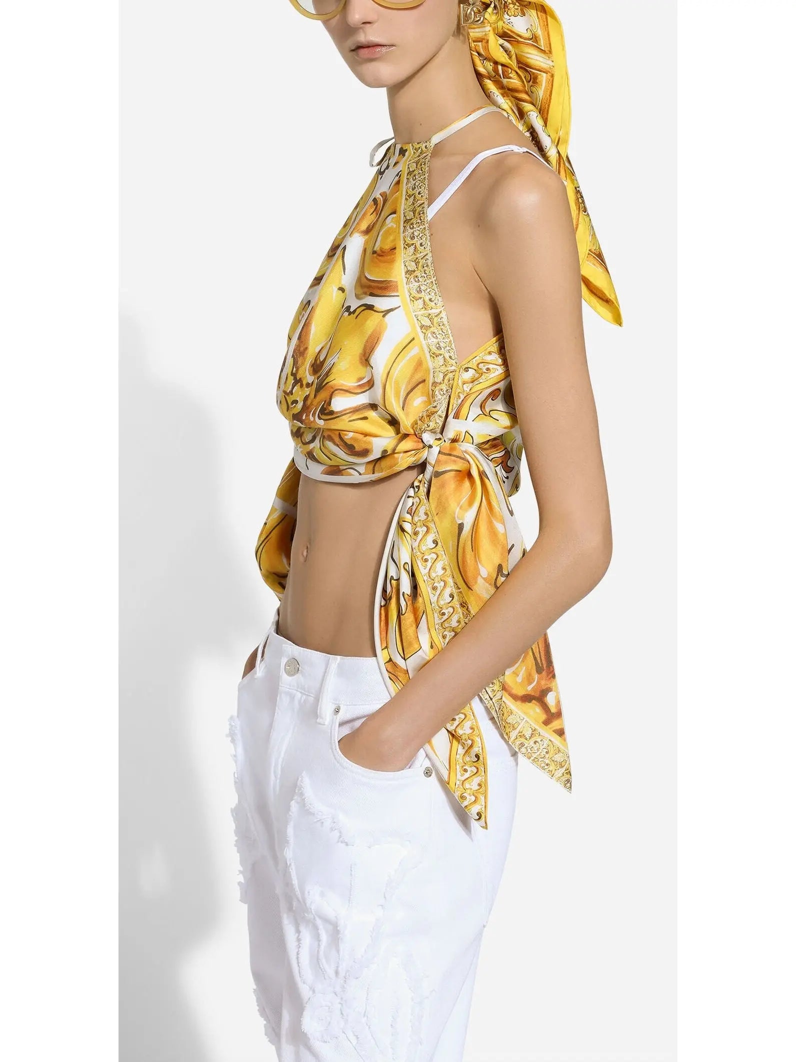 Majolica Print Silk Twill Halterneck Top - Branna Couture