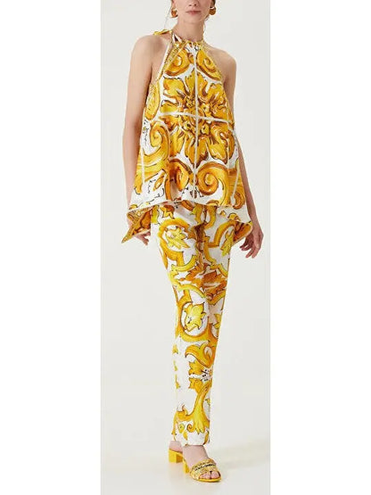 Majolica Print Silk Twill Halterneck Top - Branna Couture