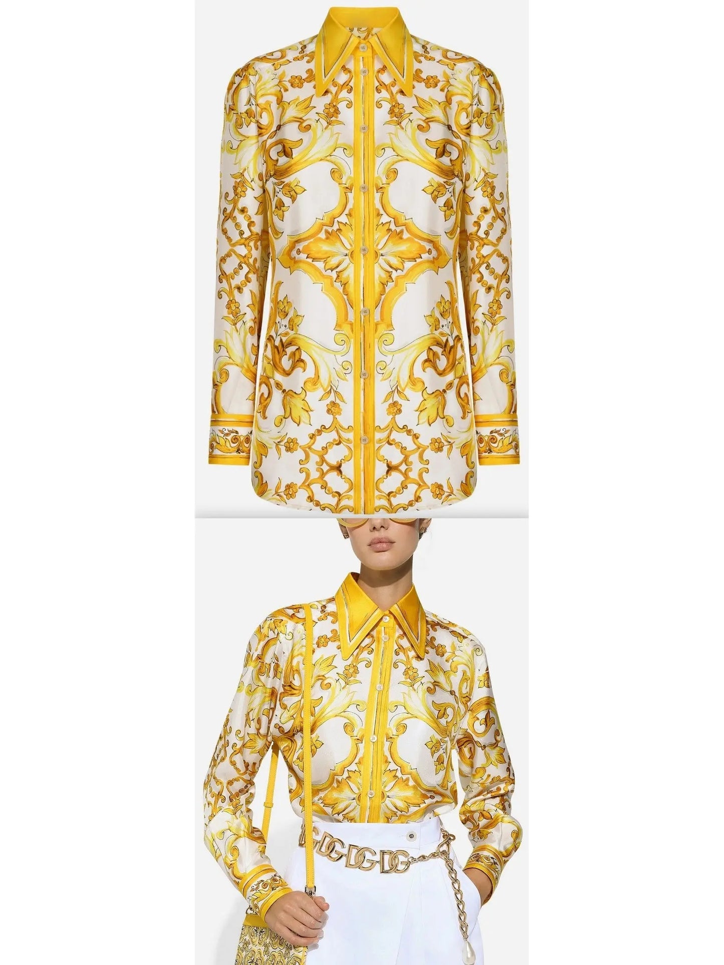 Majolica Print Silk Twill Shirt in Yellow and White - Branna Couture