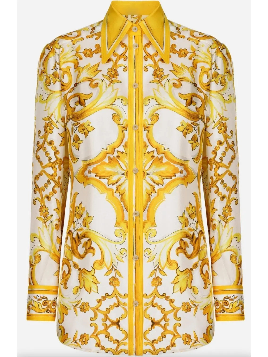 Majolica Print Silk Twill Shirt in Yellow and White - Branna Couture