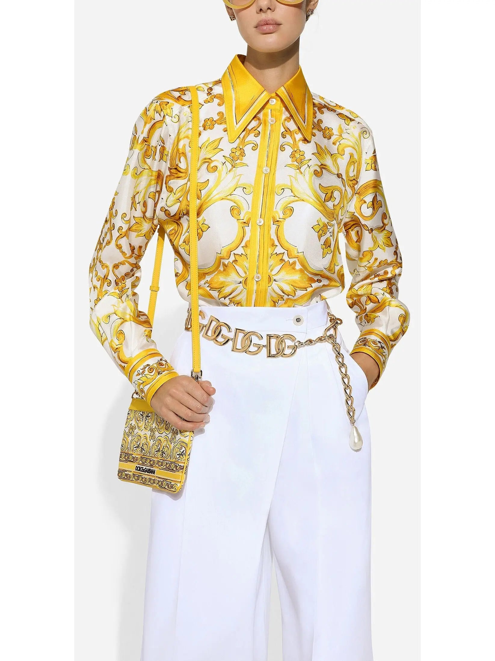 Majolica Print Silk Twill Shirt in Yellow and White - Branna Couture