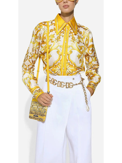 Majolica Print Silk Twill Shirt in Yellow and White - Branna Couture