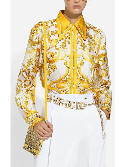 Majolica Print Silk Twill Shirt in Yellow and White - Branna Couture