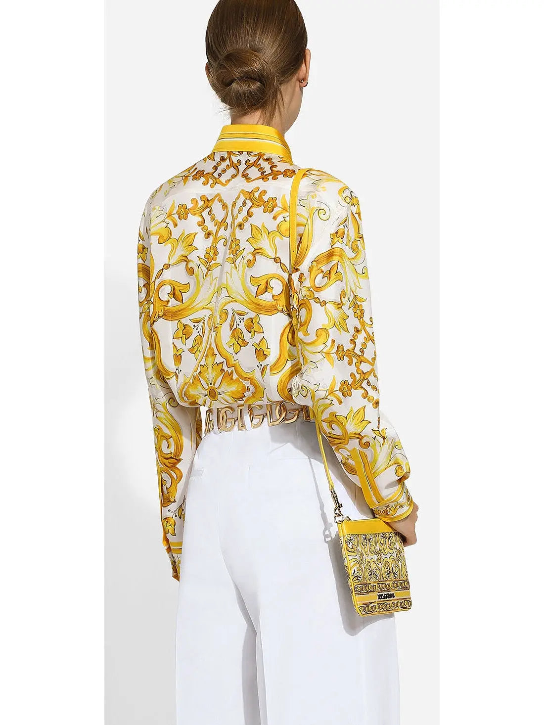 Majolica Print Silk Twill Shirt in Yellow and White - Branna Couture