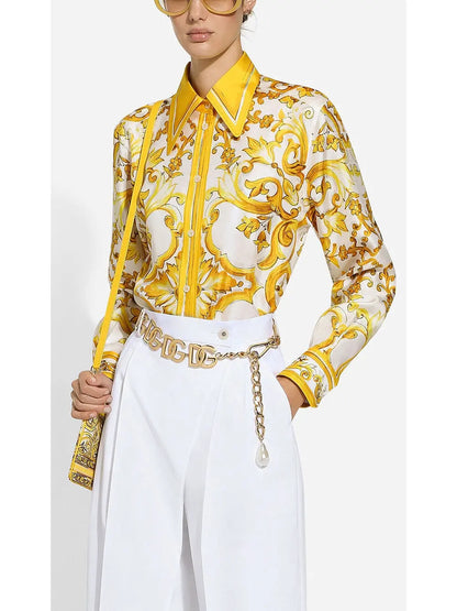 Majolica Print Silk Twill Shirt in Yellow and White - Branna Couture