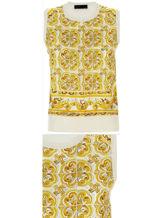 Majolica Print Yellow Knit Silk-Front Top - Branna Couture