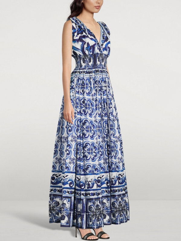 Majolica-Print Long Poplin Dress